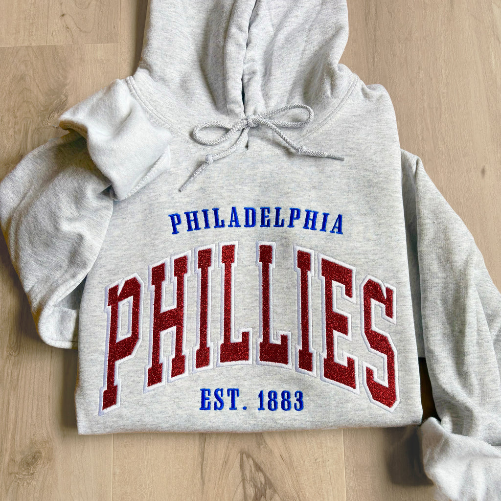 Glitter Embroidered Phillies Varsity Lettering Ash Grey Sweatshirt