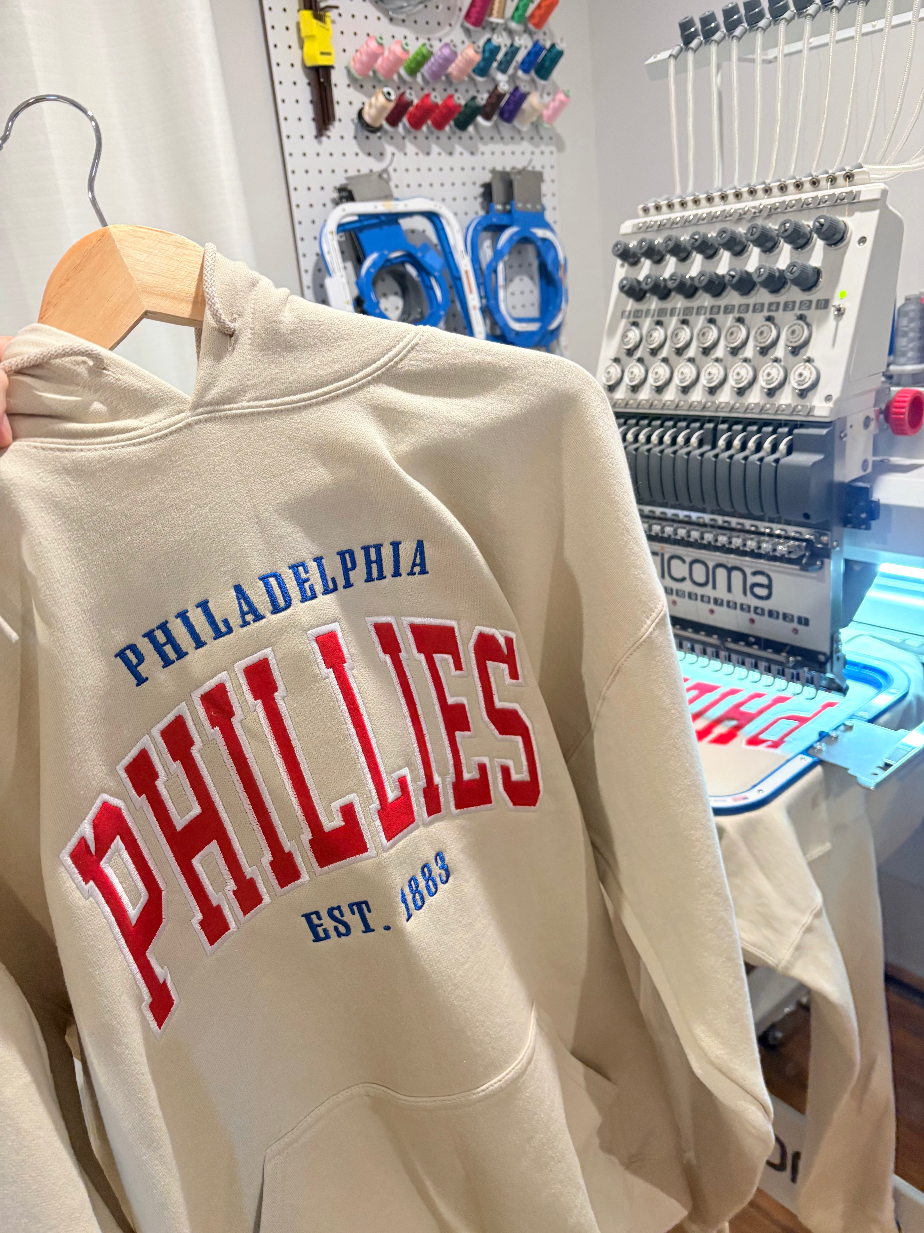 Embroidered Phillies Varsity Letter Sand Sweatshirt with Red Flock