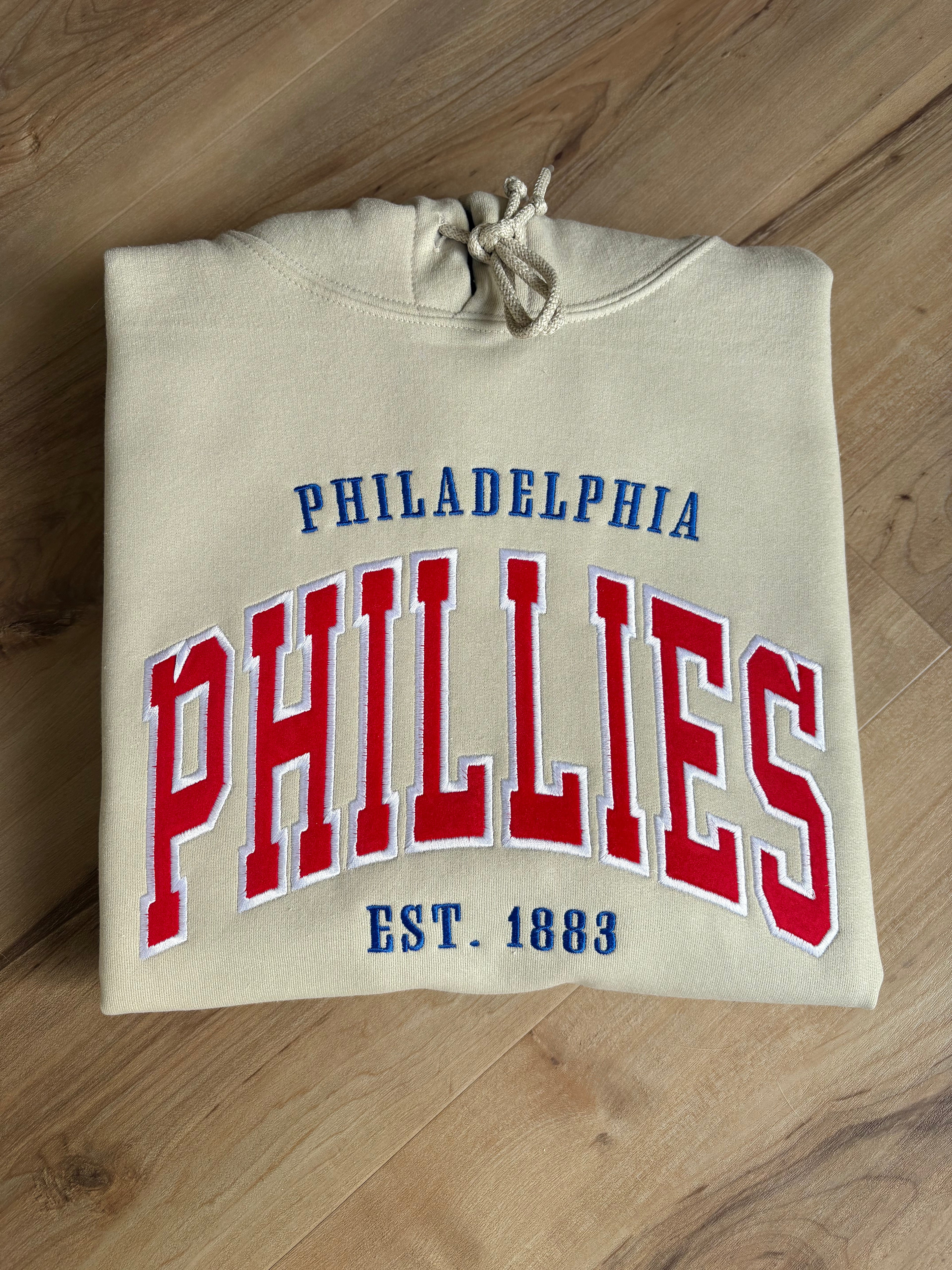 Embroidered Phillies Varsity Letter Sand Sweatshirt with Red Flock