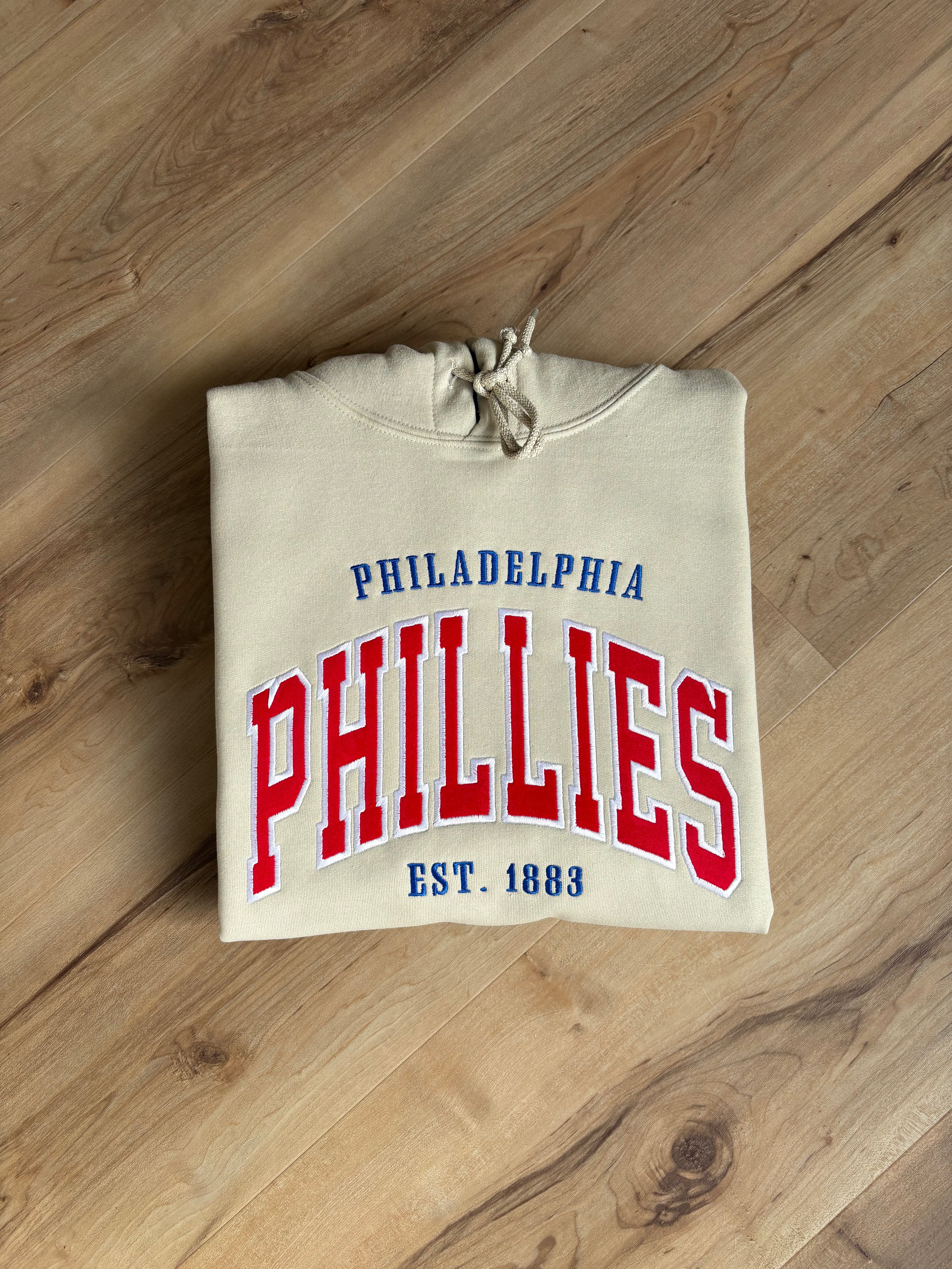 Embroidered Phillies Varsity Letter Sand Sweatshirt with Red Flock