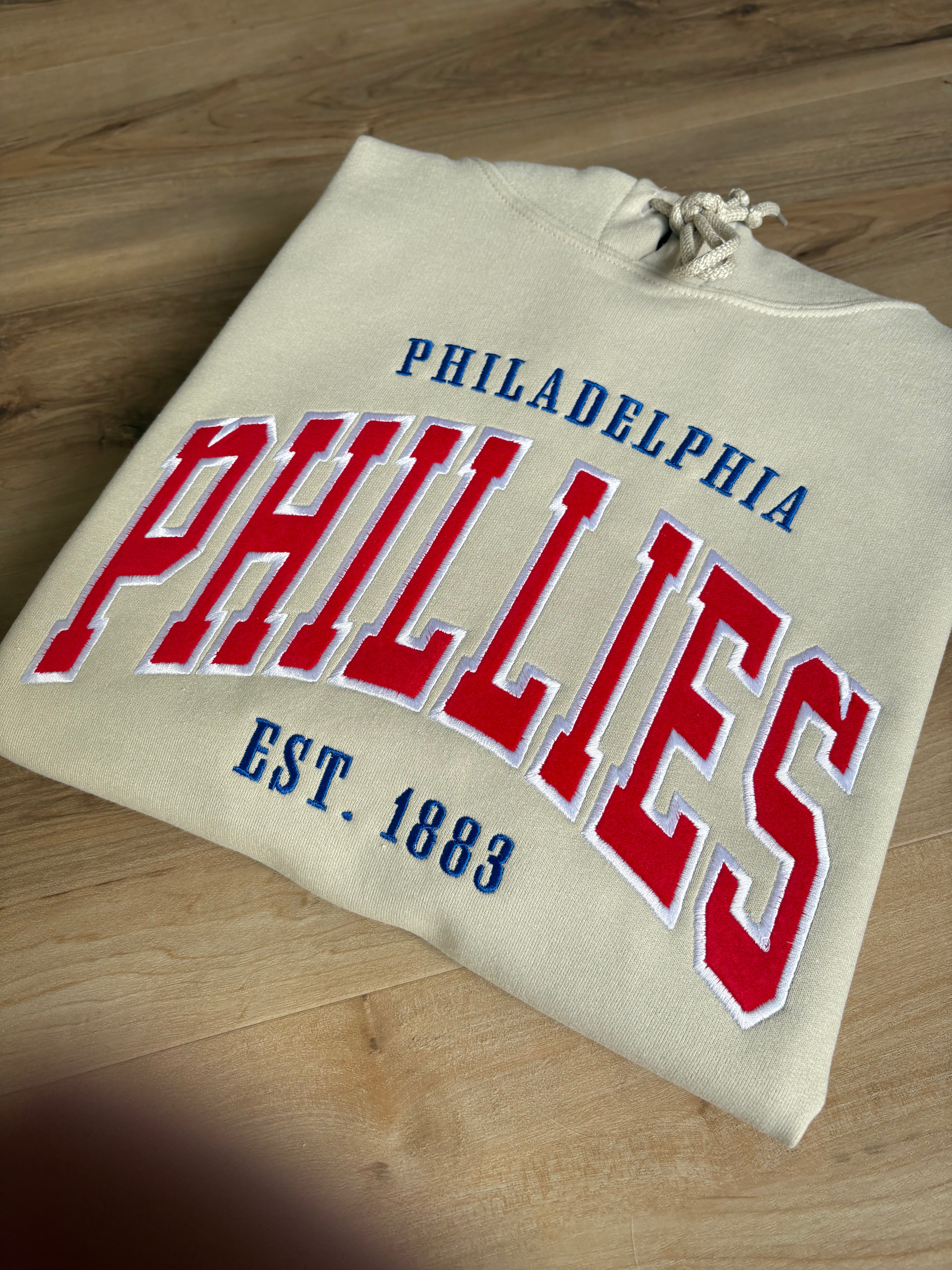 Embroidered Phillies Varsity Letter Sand Sweatshirt with Red Flock