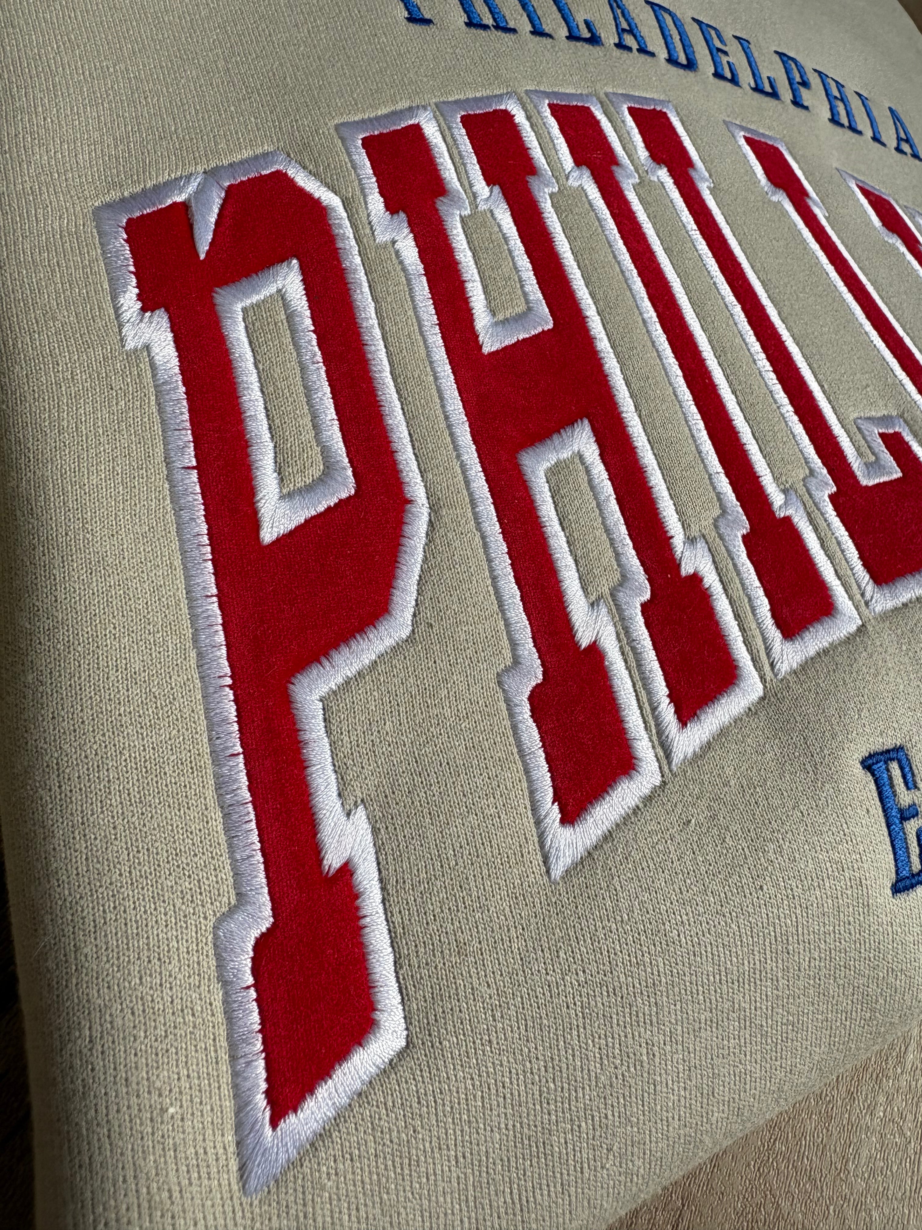 Embroidered Phillies Varsity Letter Sand Sweatshirt with Red Flock
