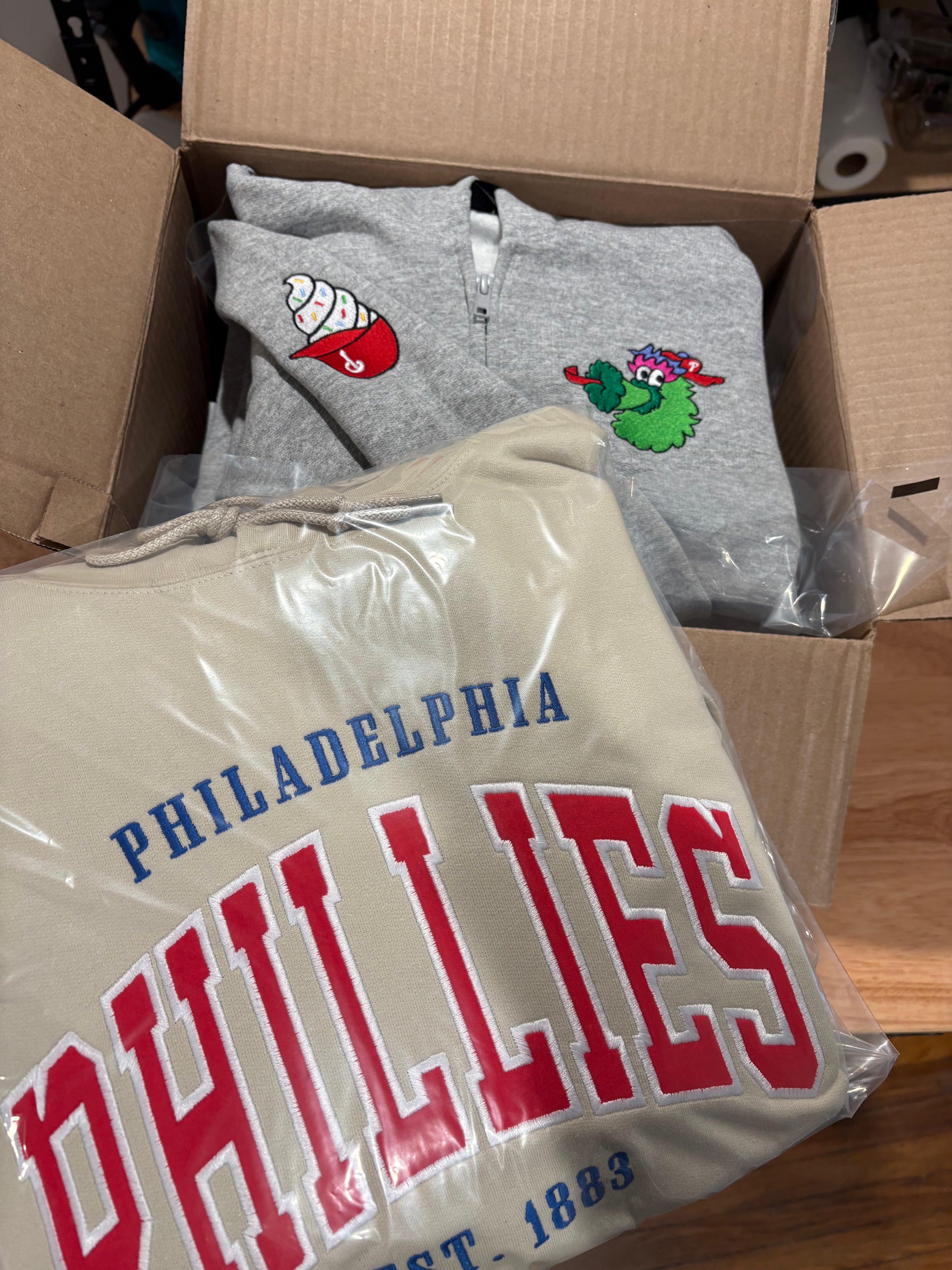 Embroidered Phillies Varsity Letter Sand Sweatshirt with Red Flock
