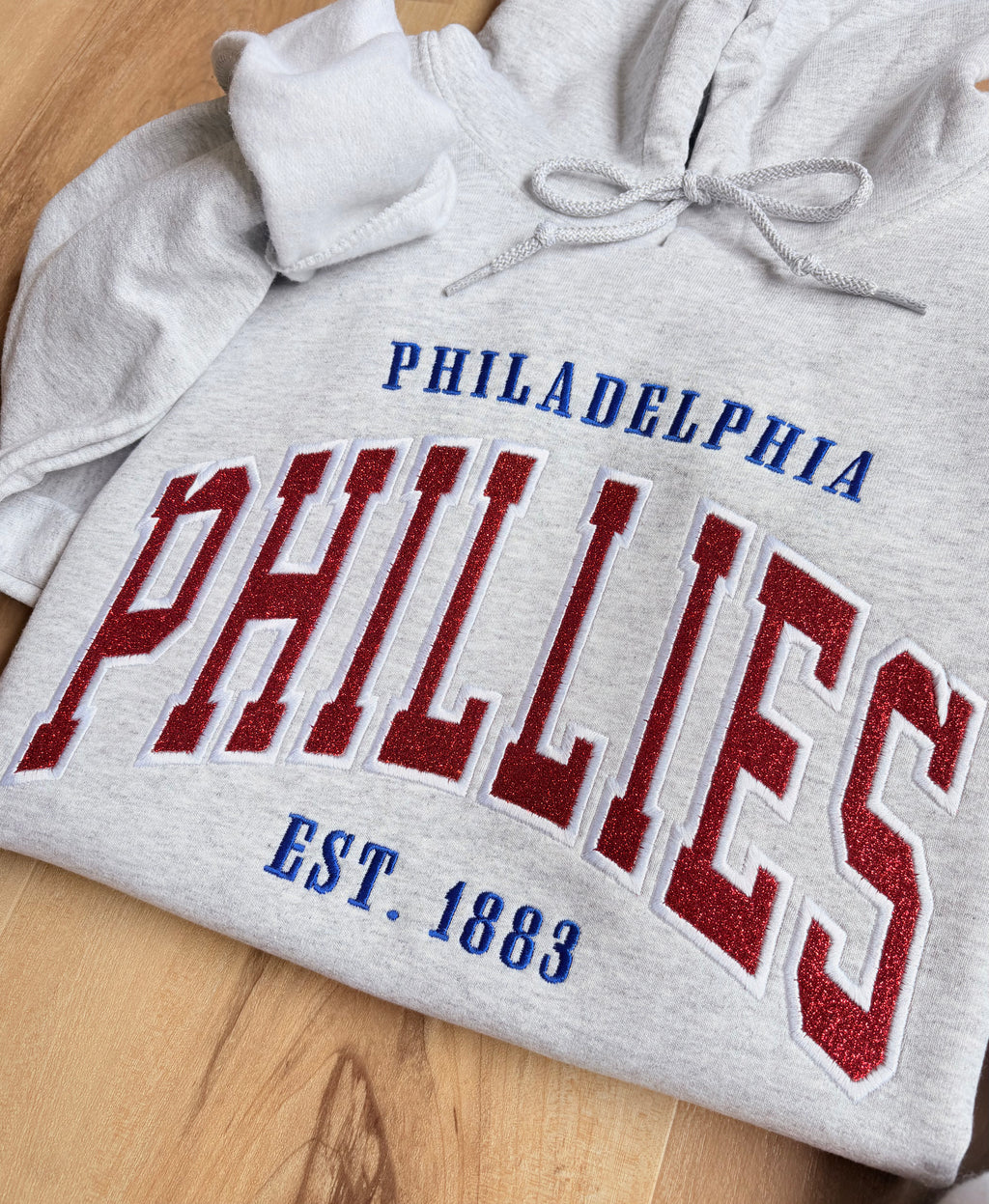 Glitter Embroidered Phillies Varsity Lettering Ash Grey Sweatshirt