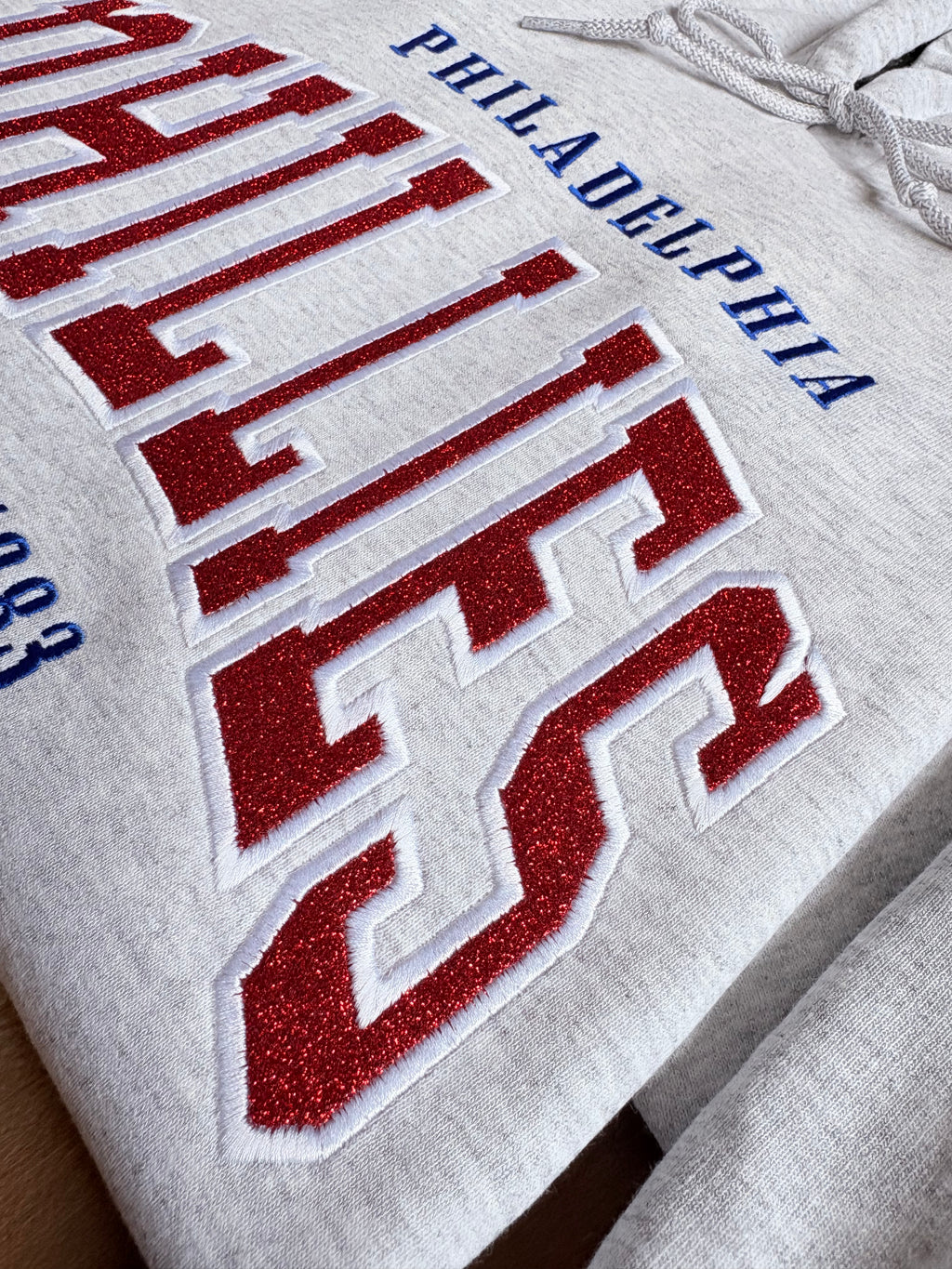 Glitter Embroidered Phillies Varsity Lettering Ash Grey Sweatshirt