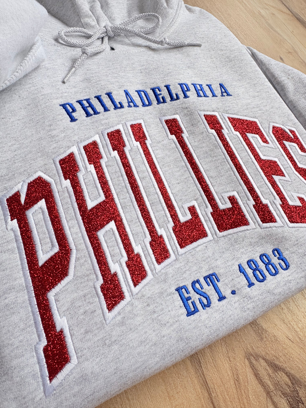 Glitter Embroidered Phillies Varsity Lettering Ash Grey Sweatshirt