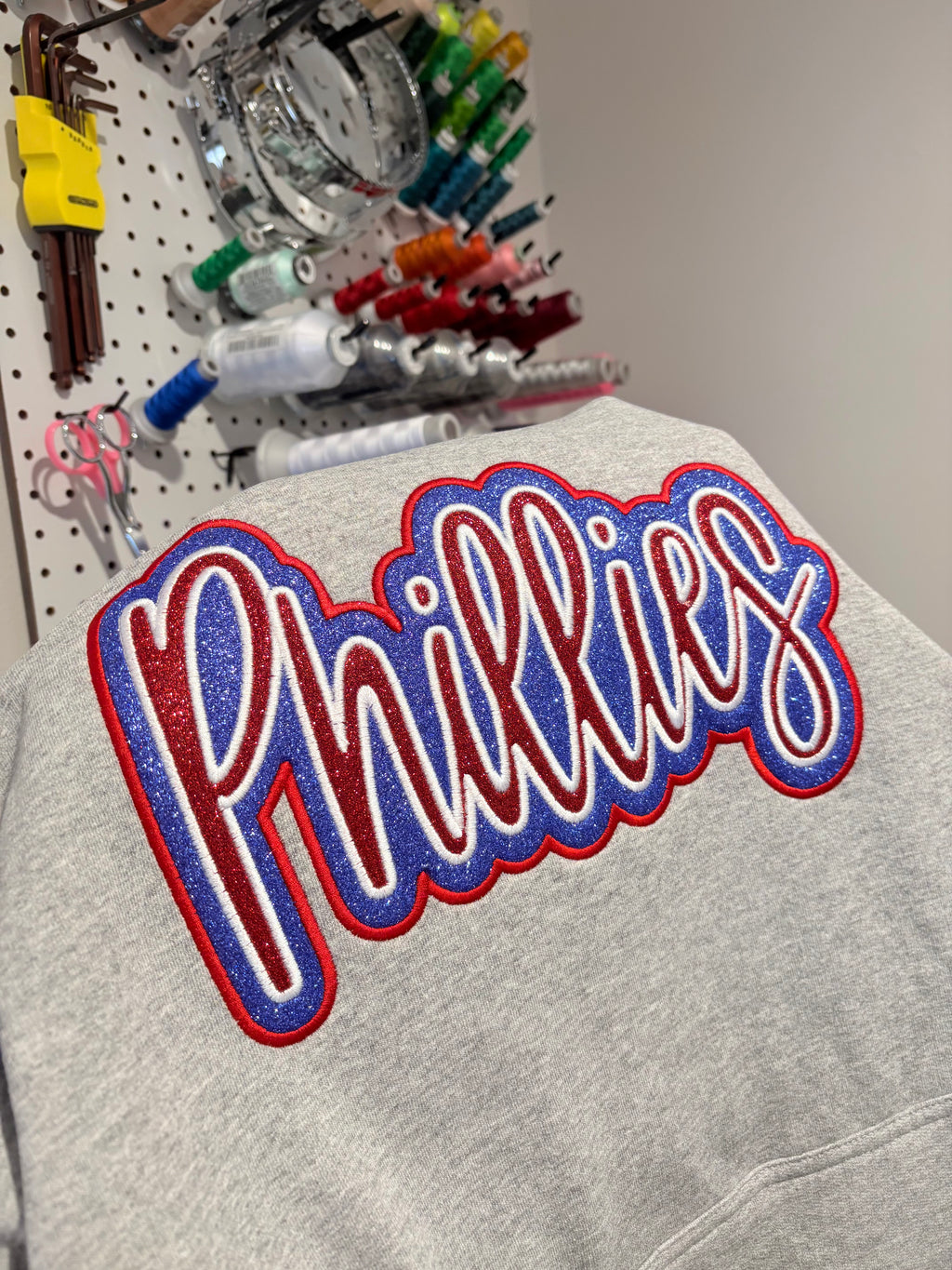 Glitter Embroidered Phillies Script Heather Grey Sweatshirt