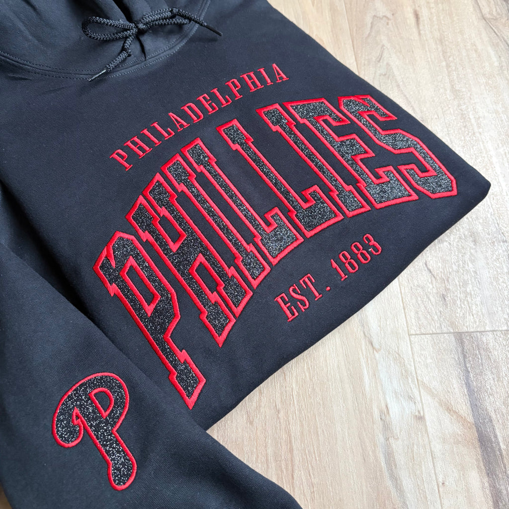 Glitter Embroidered Phillies Varsity Lettering Black Sweatshirt