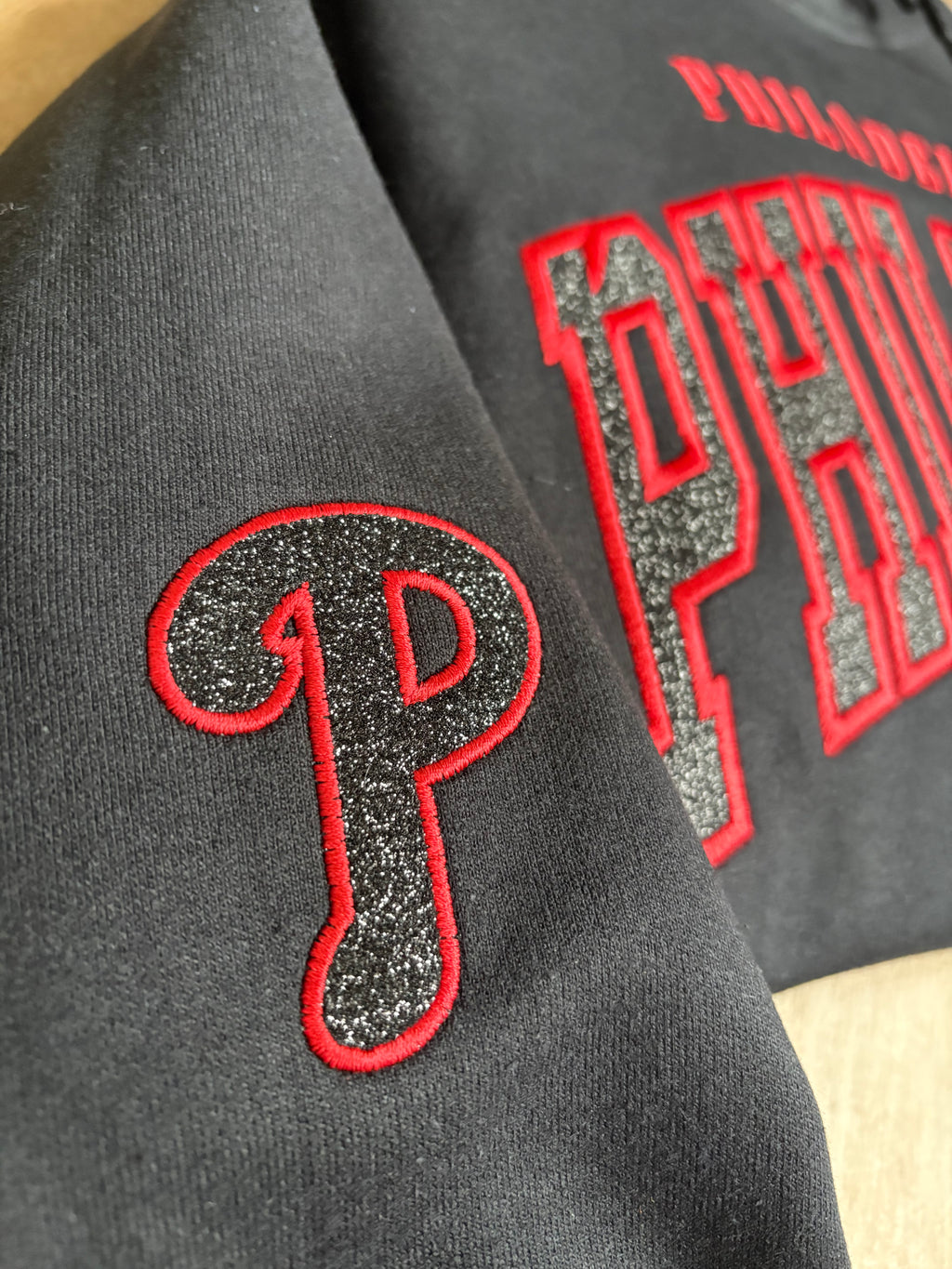 Cropped Phillies Varsity Letter Glitter Black Sweatshirt