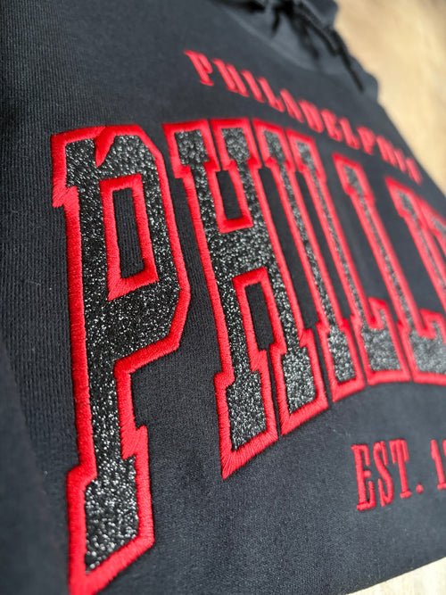 Cropped Phillies Varsity Letter Glitter Black Sweatshirt