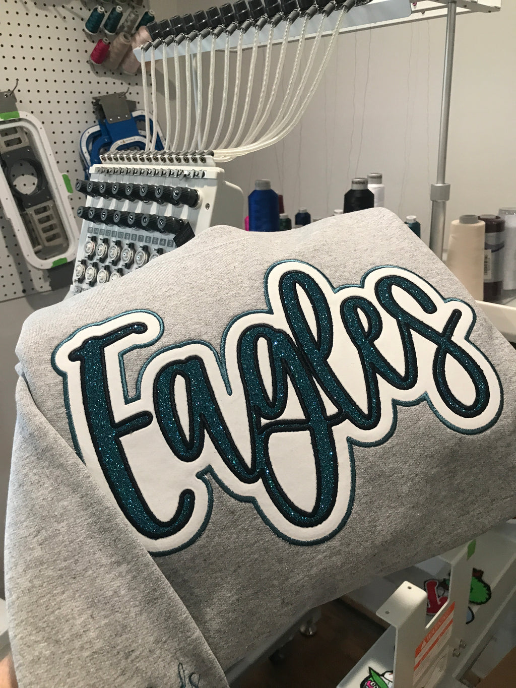 Glitter Embroidered Eagles Script Heather Grey Sweatshirt