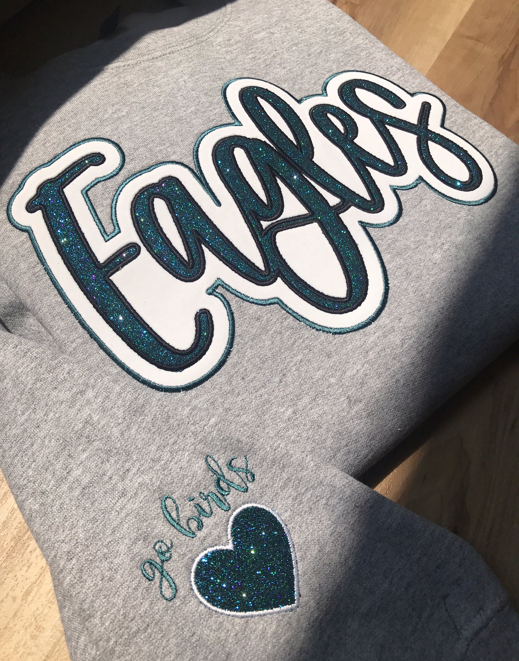 Glitter Embroidered Eagles Script Heather Grey Sweatshirt