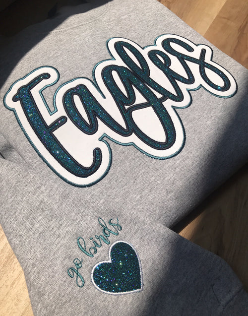 Glitter Embroidered Eagles Script Heather Grey Sweatshirt