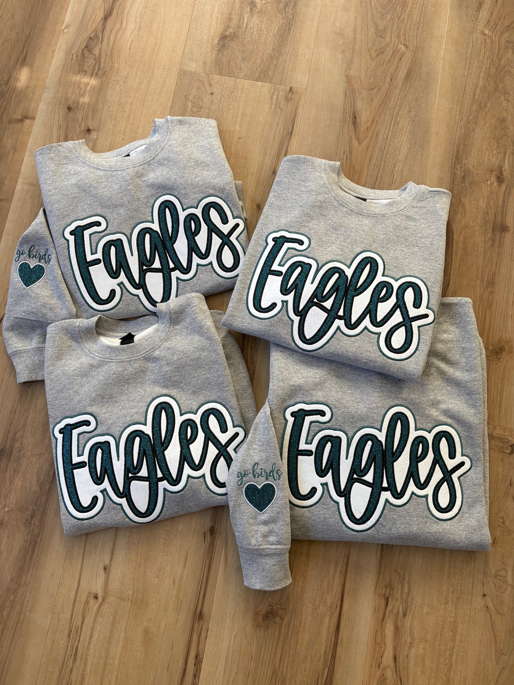 Glitter Embroidered Eagles Script Heather Grey Sweatshirt
