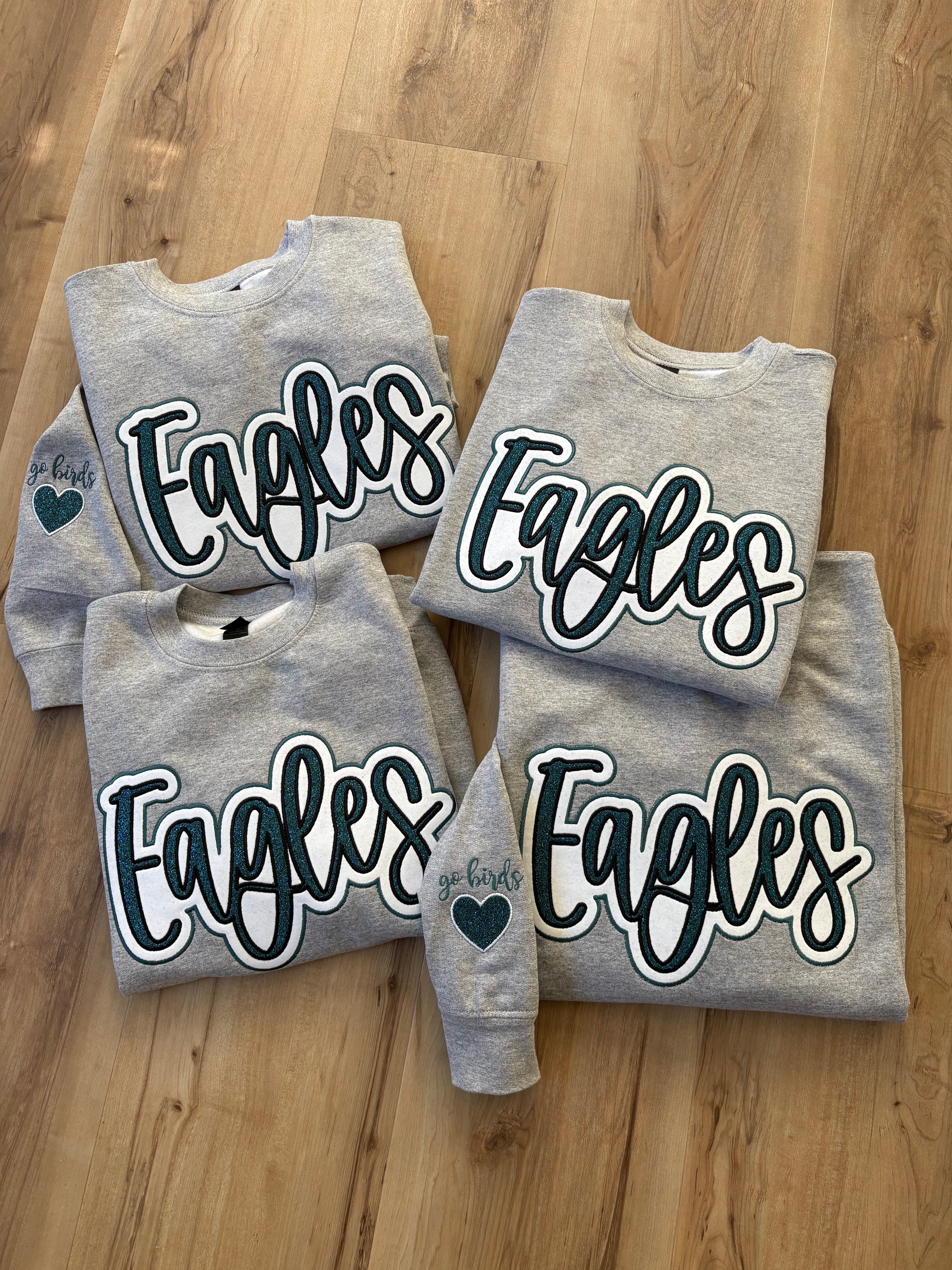 Glitter Embroidered Eagles Script Heather Grey Sweatshirt