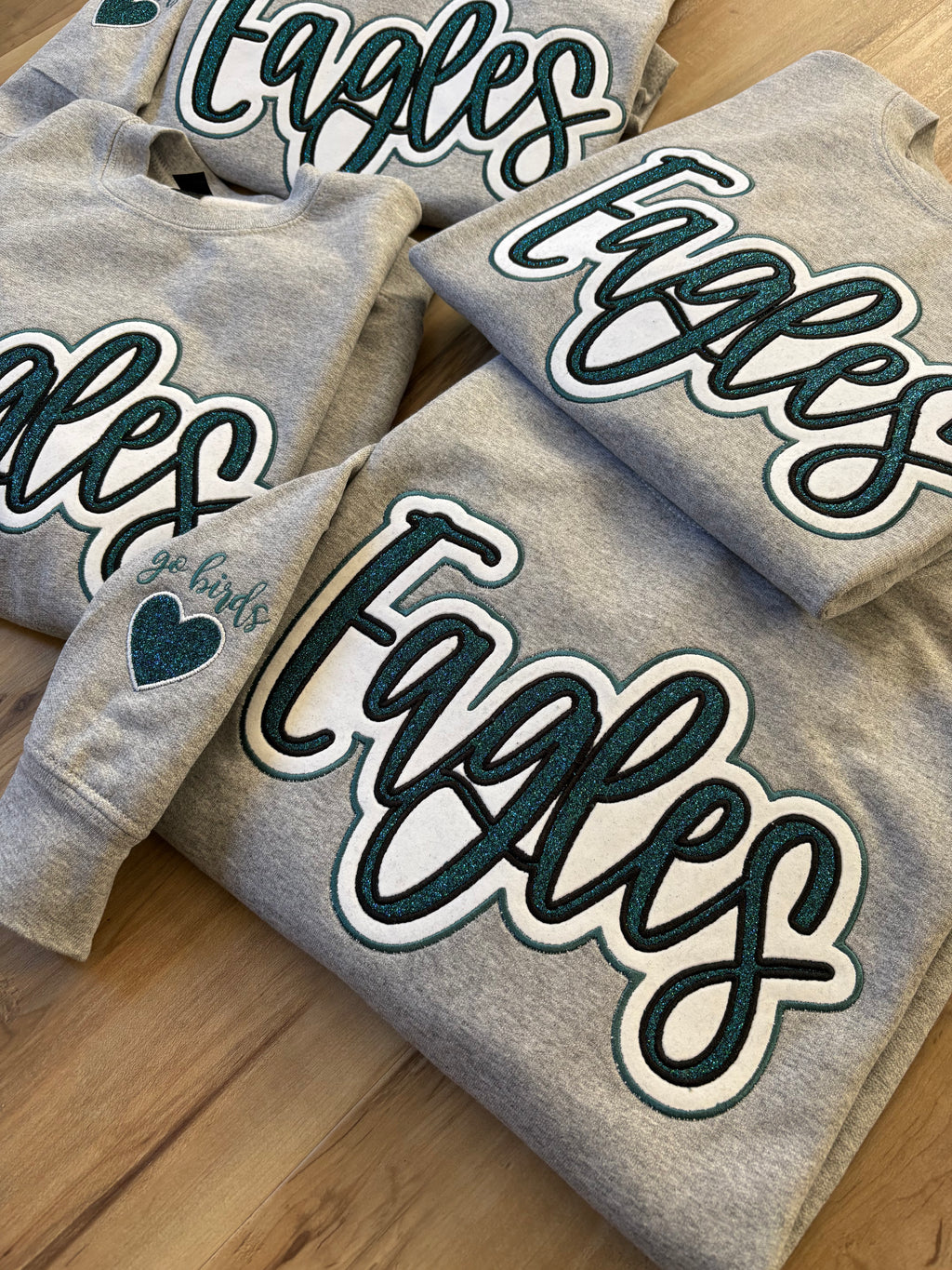 Glitter Embroidered Eagles Script Heather Grey Sweatshirt