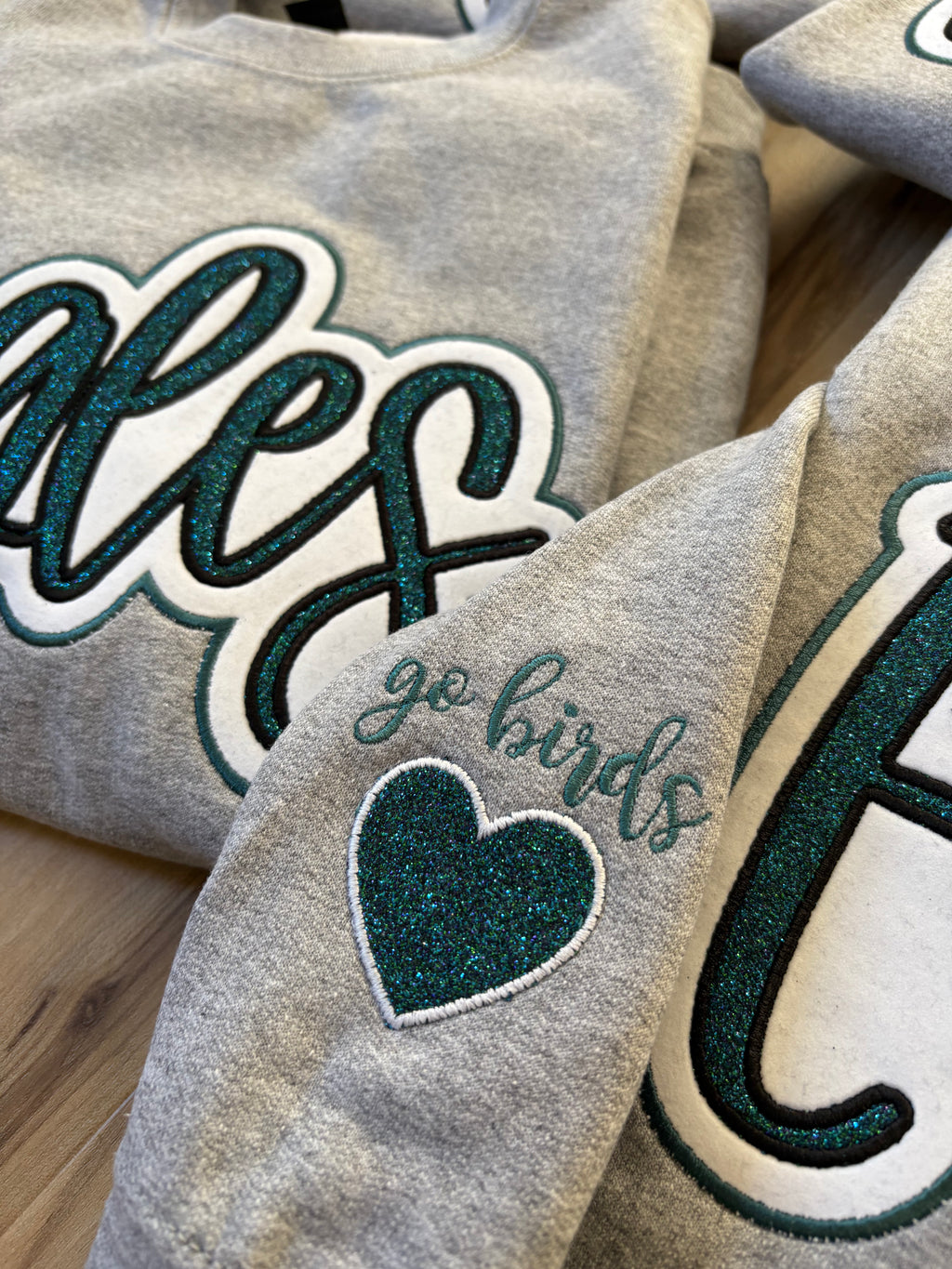 Glitter Embroidered Eagles Script Heather Grey Sweatshirt