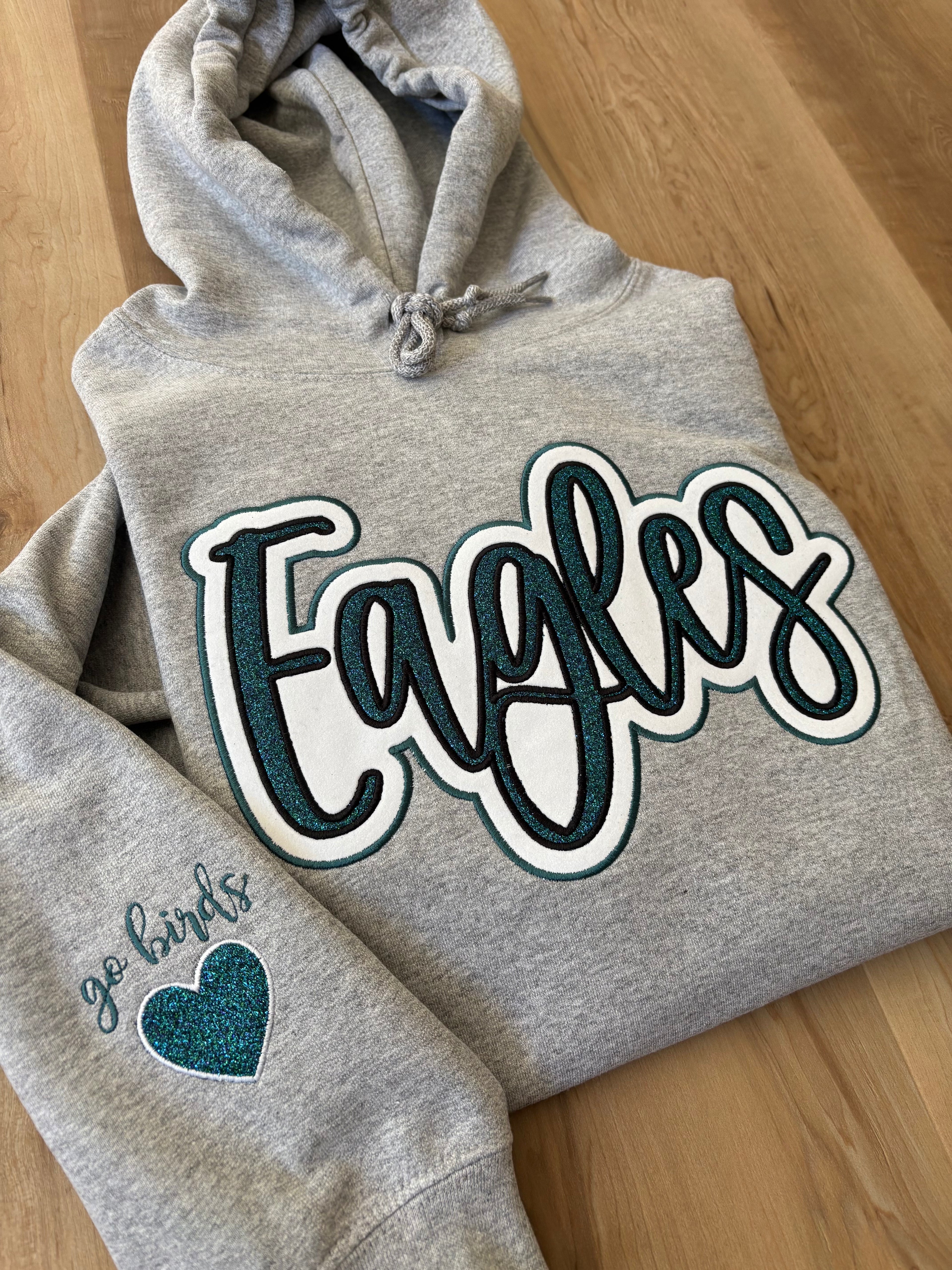Glitter Embroidered Eagles Script Heather Grey Sweatshirt