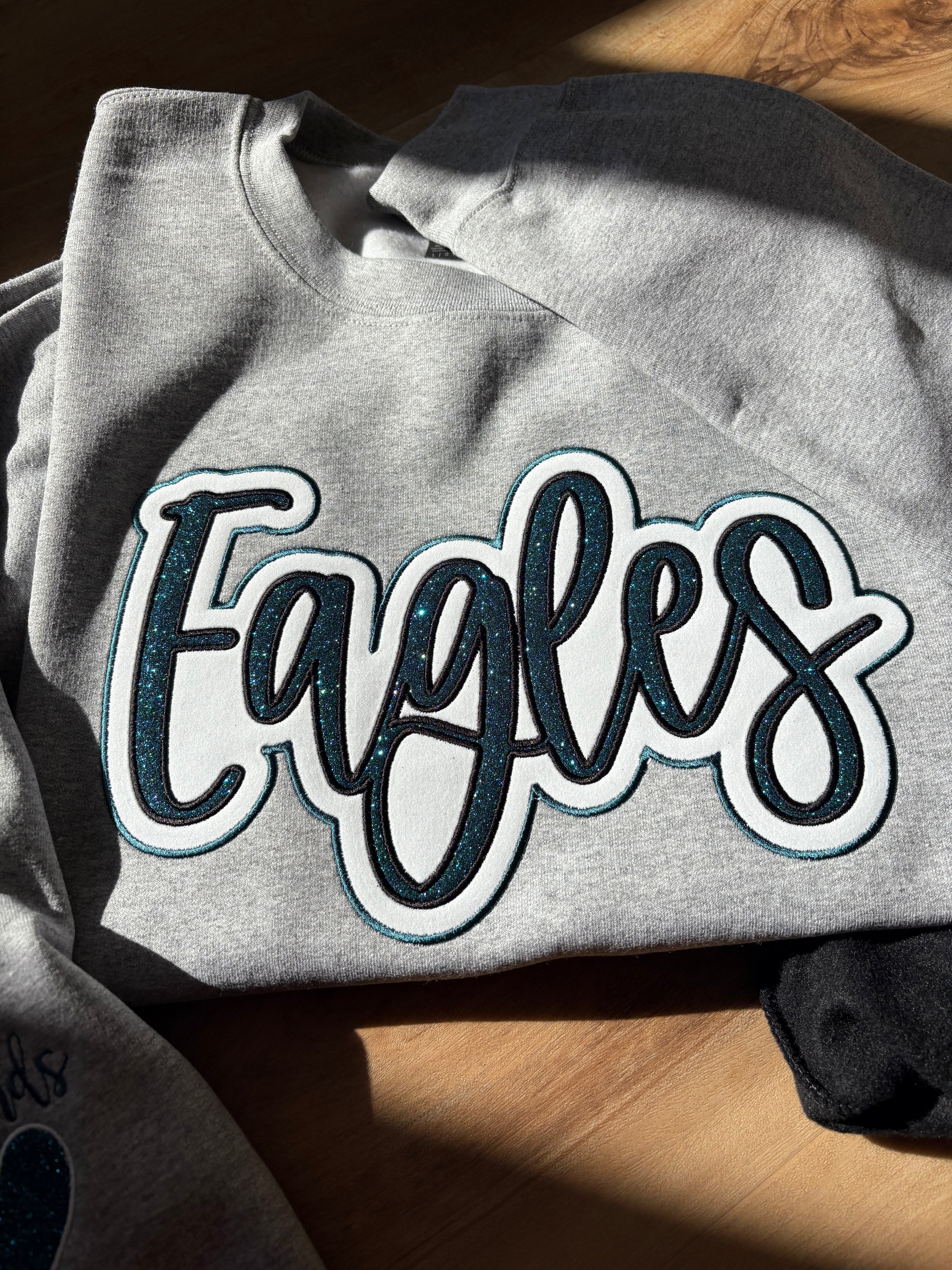Glitter Embroidered Eagles Script Heather Grey Sweatshirt