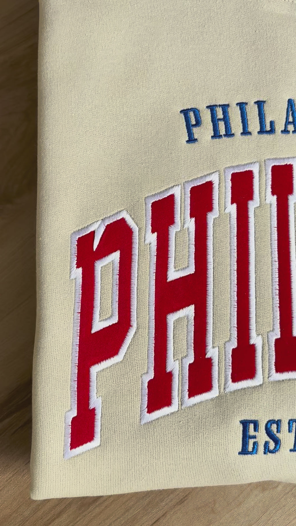 Embroidered Phillies Varsity Letter Sand Sweatshirt with Red Flock