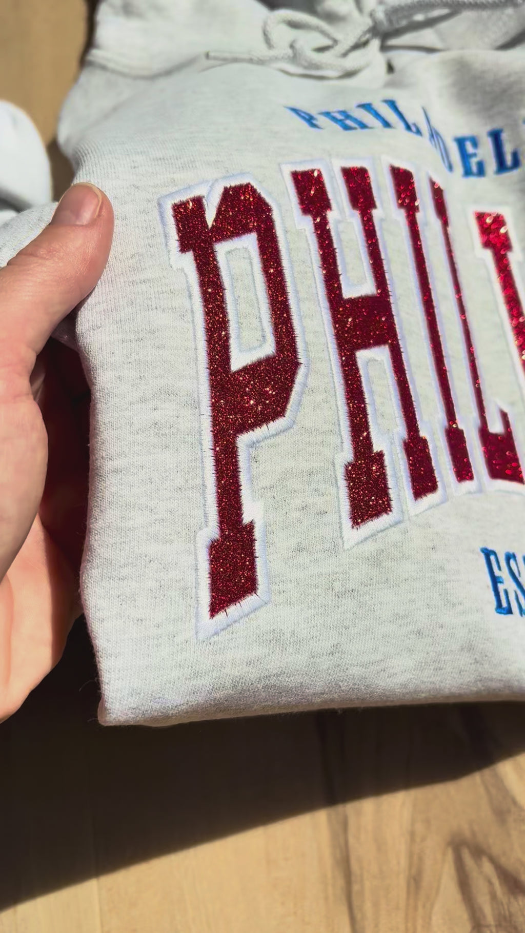 Glitter Embroidered Phillies Varsity Lettering Ash Grey Sweatshirt