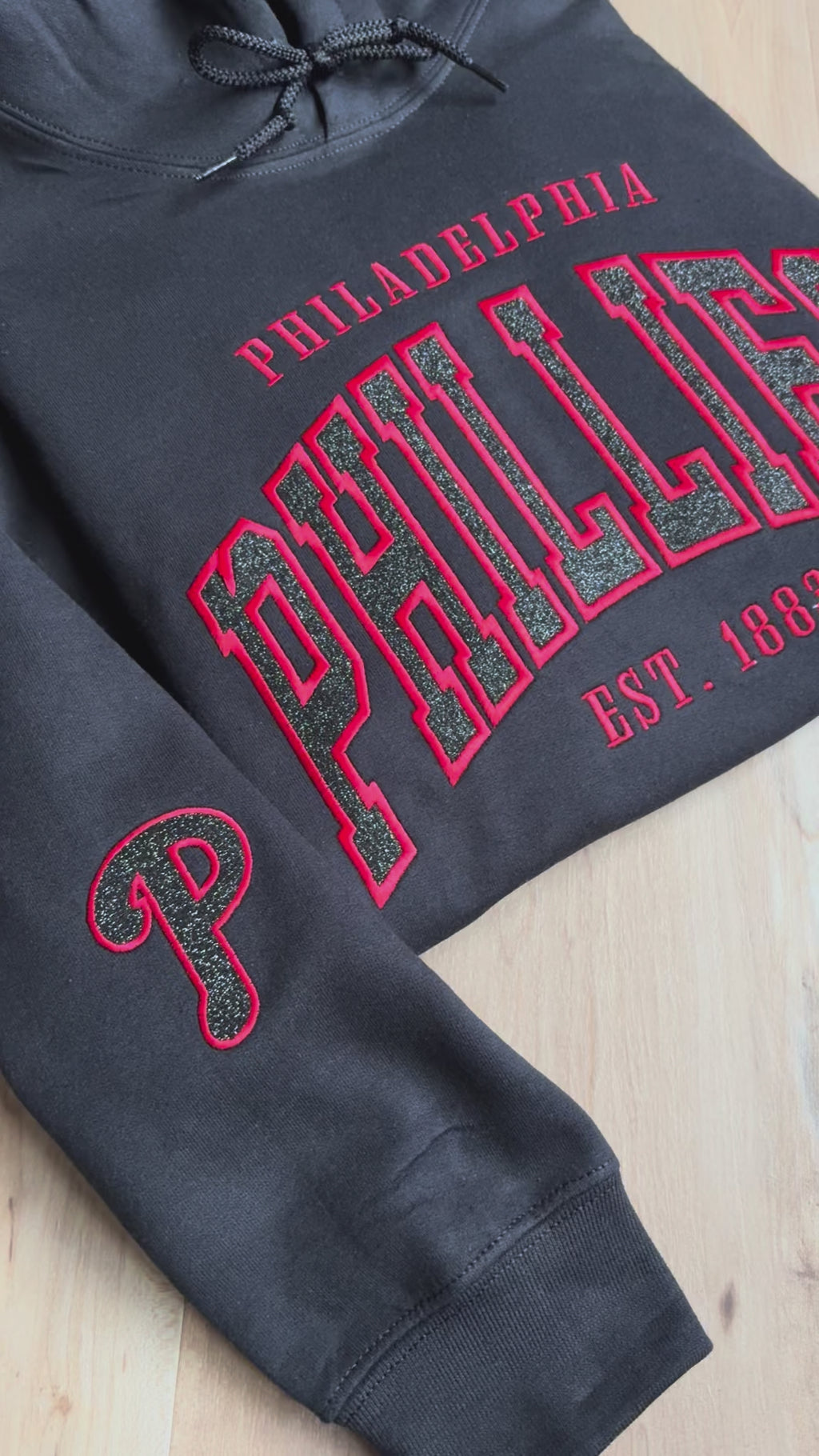 Glitter Embroidered Phillies Varsity Lettering Black Sweatshirt