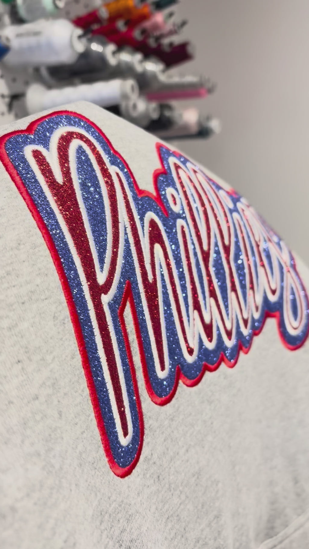 Glitter Embroidered Phillies Script Heather Grey Sweatshirt